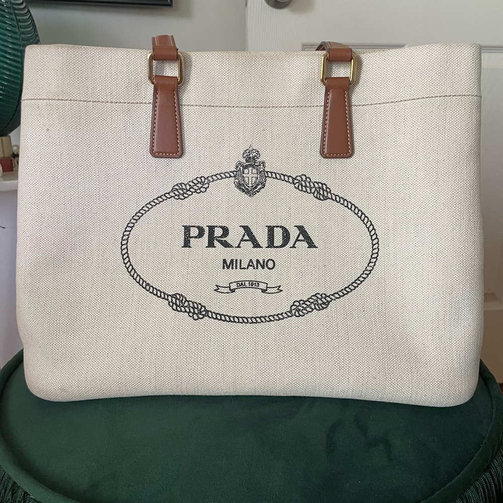 Prada Vitello Mistolino Cream and Brown Tote Bag with Iconic Logo